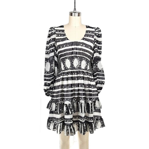 Cynthia Rowley Sicily Silk Wrap Dress Black White Smocked Waist Cap Sleeve Size - Picture 2 of 13